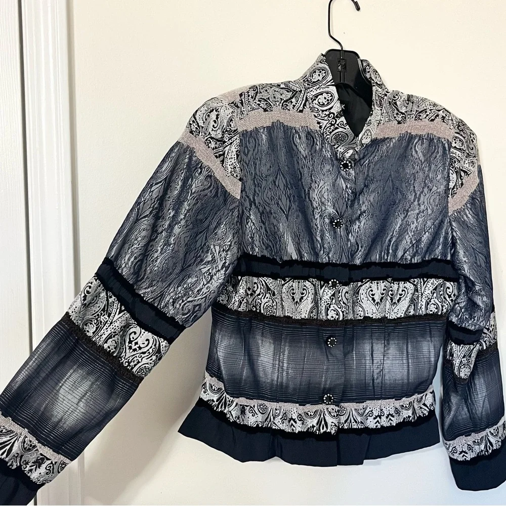 Metallic Silver Paisley Patchwork Jacket Y2K Boho Chic Lightweight Statement Top - Picture 5 of 12